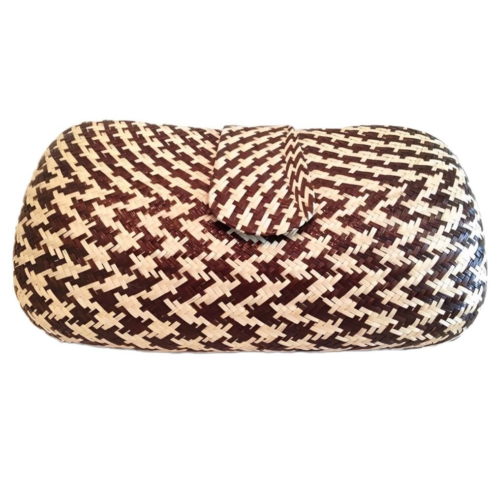 Straw Sand Plaid Clutch Bag Handbag Brown Cream Magnetic Closure Purse Chain New